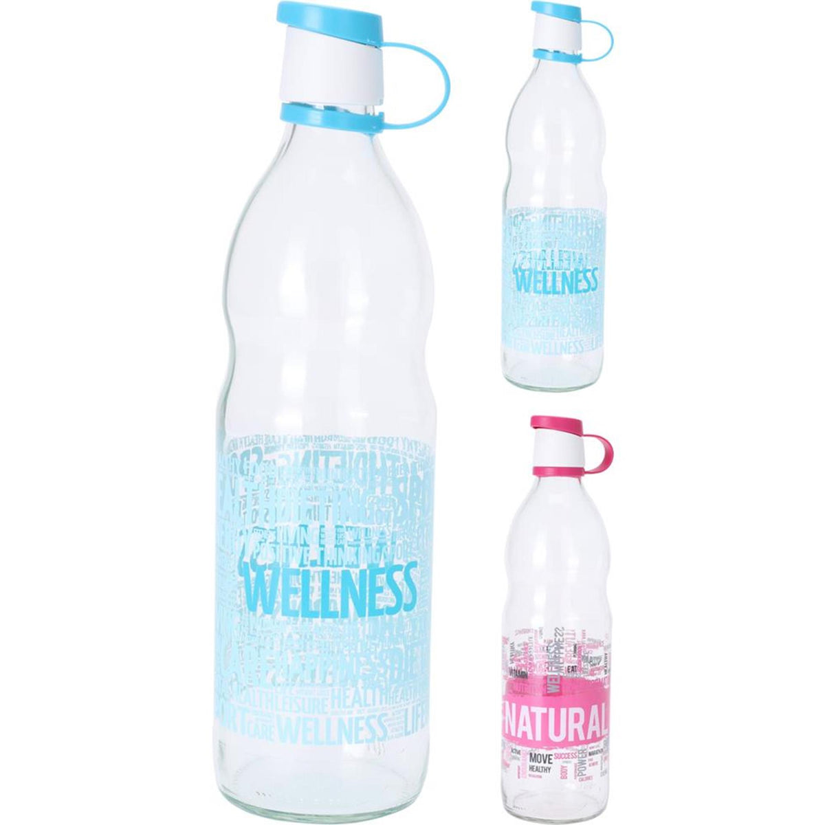 Excellent houseware fles glas 1l met tekst in roze of blauw