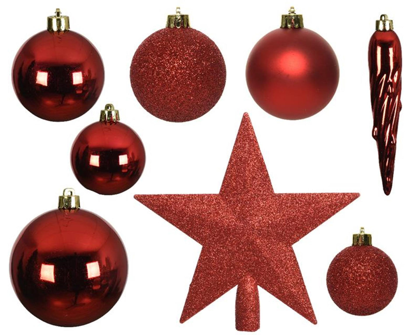 Decoris kerstballenset van kunststof met sterpiek kerstrood box a 33stuks