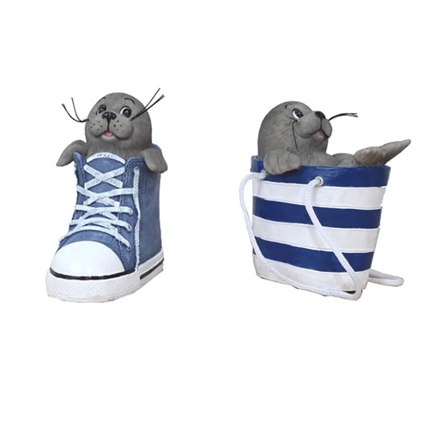 Spaarpot zeehond in tas of schoen 4x10x10cm polystone