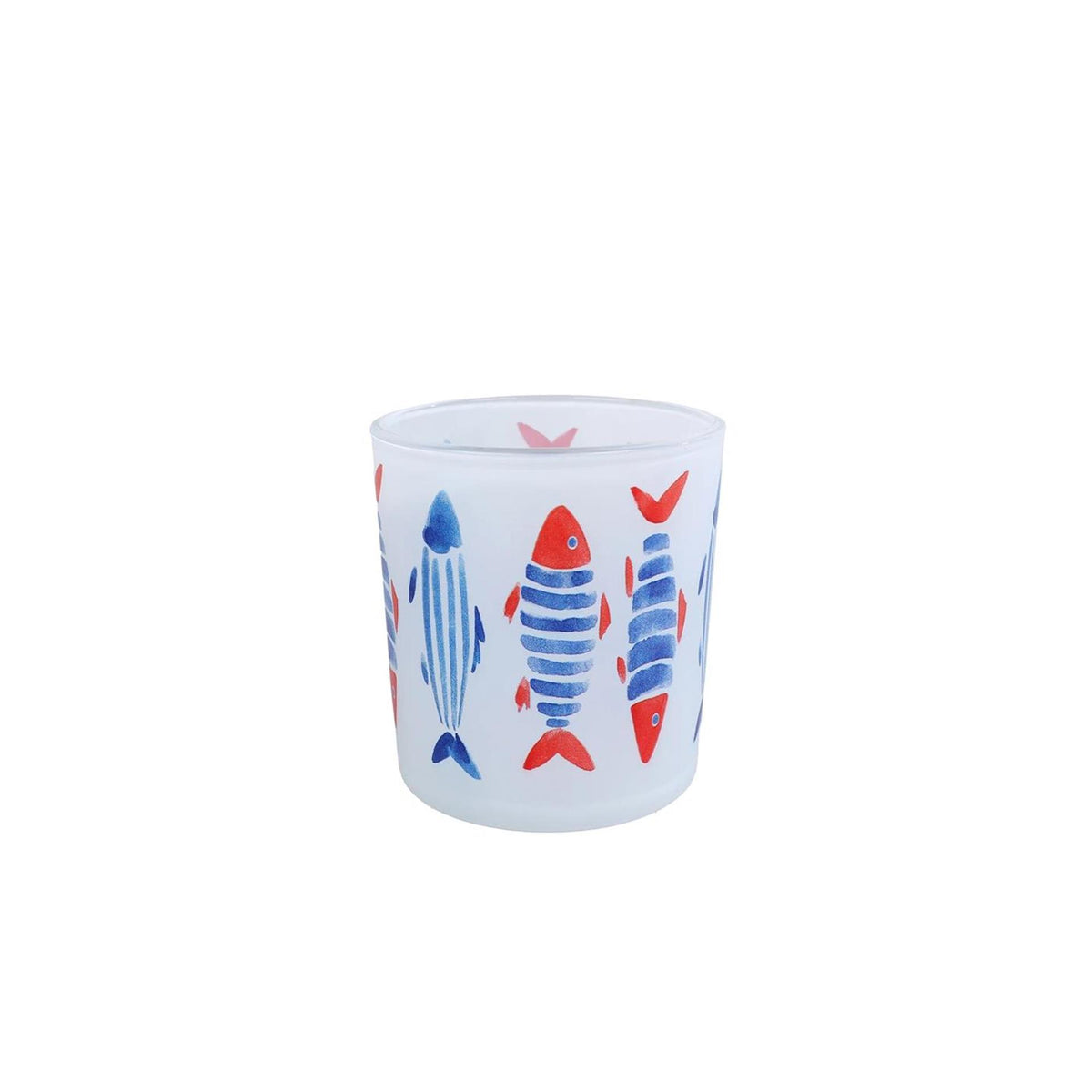 Theelichthouder fish s blauw rood glas 7,5x7,5x8cm