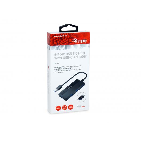 Equip 128956 4-port usb 3.0 hub with usb-c adapter, usb 3.2 gen 1 type-a, 5000 mbit s, black