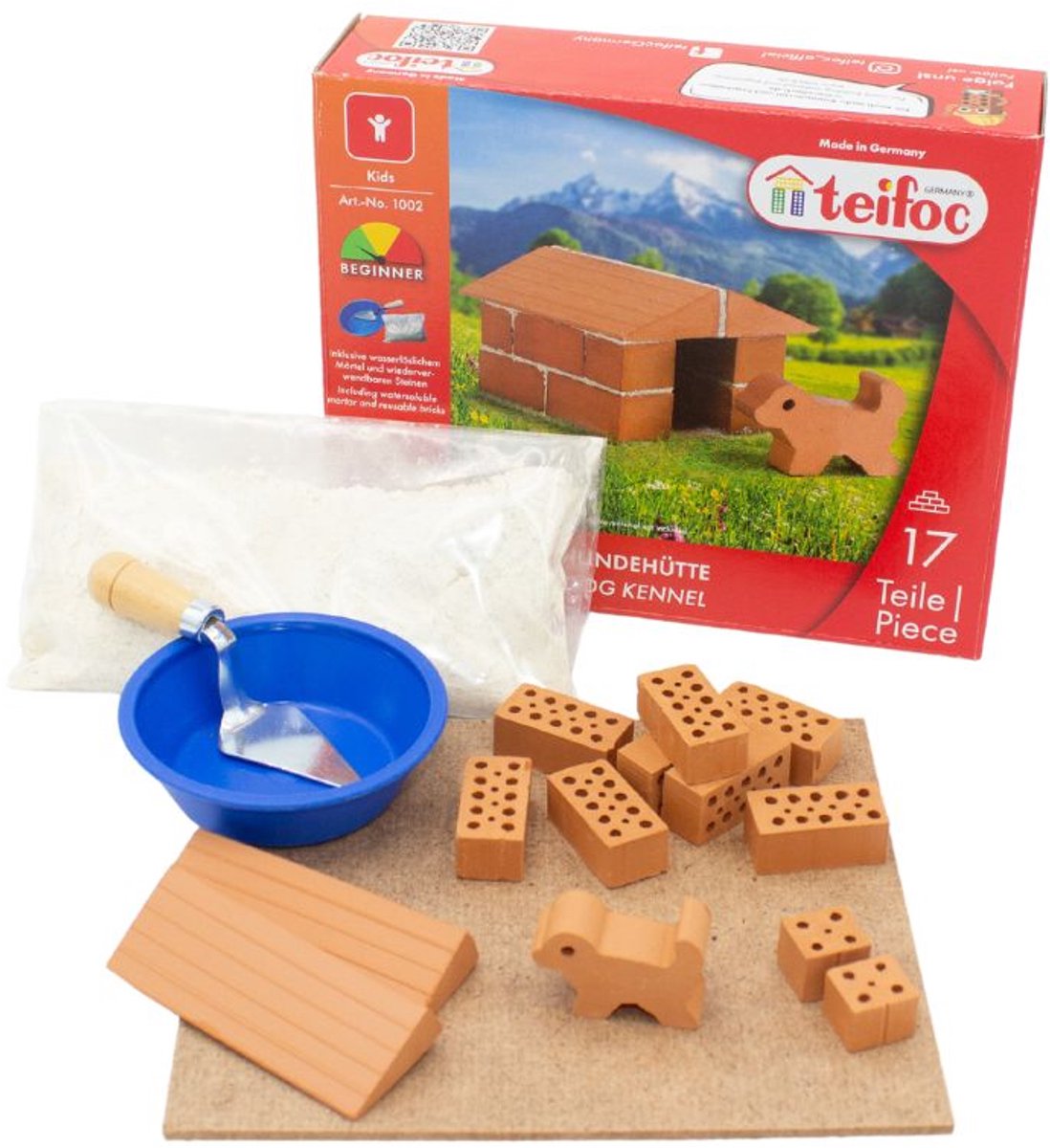 Teifoc ® bouwdoos – hondenhok bouwset – 17 onderdelen – echte mini bakstenen met cement, kom en troffel – bouwpakket voor kinderen vanaf 6 jaar