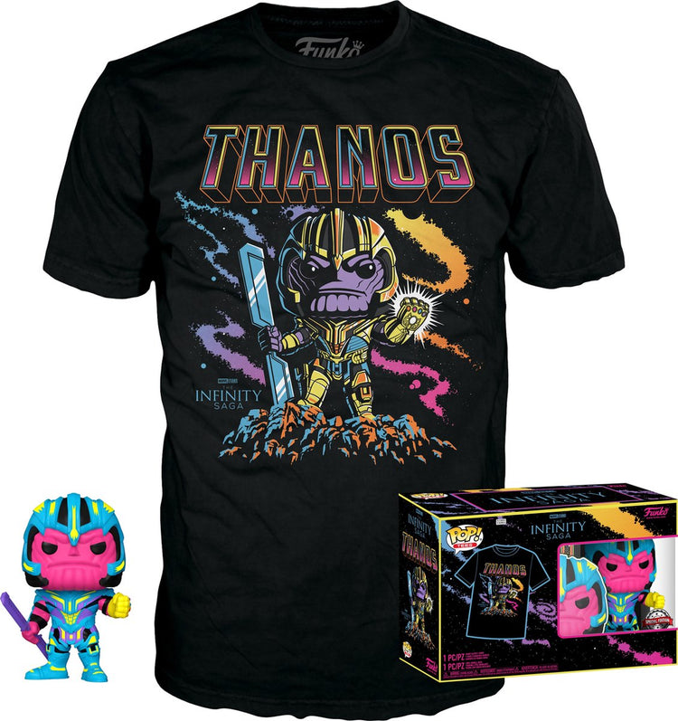 Funko pop! tee box: marvel studios the avengers - thanos blacklight zwart #909 exclusive (size l)