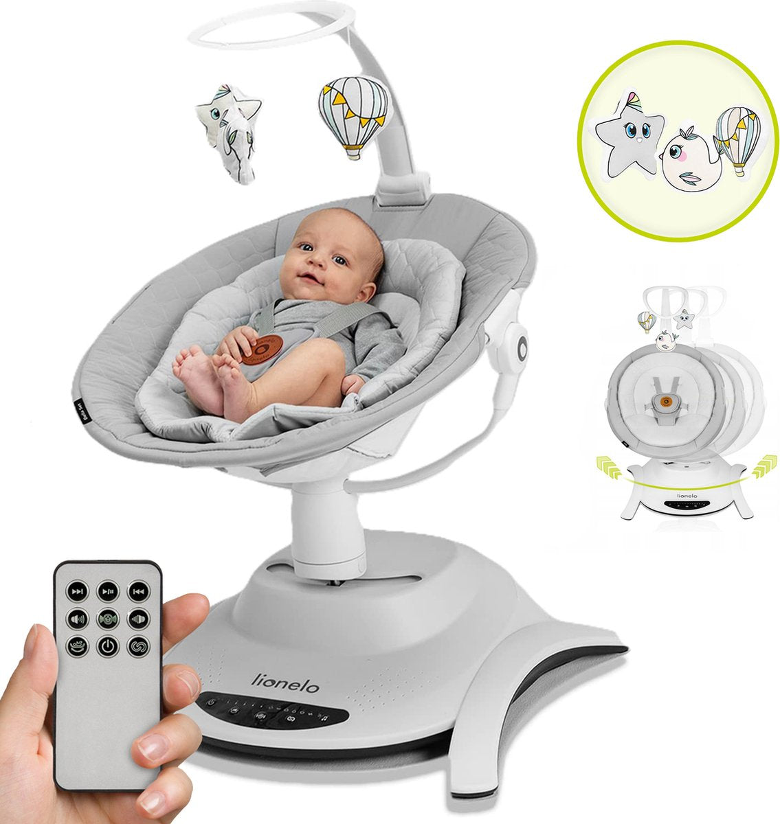 Lionelo bella wipstoel 6in1 – elektrisch 360° draaibare zitting – 6 schommelstanden – 5 snelheden – rugleuning verstelbaar – melodieën – bewegingssensor – bamboekussen – speelboog – afstandsbediening – en12790