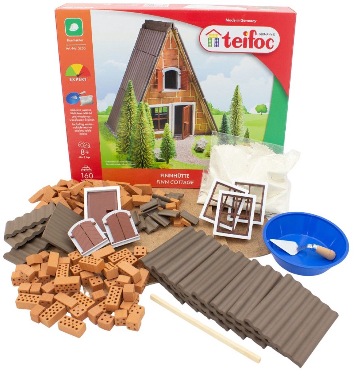 Teifoc ® bouwdoos – finse hut boshuis – 160 onderdelen – echte mini bakstenen met cement, kom en troffel – bouwpakket voor kinderen vanaf 6 jaar