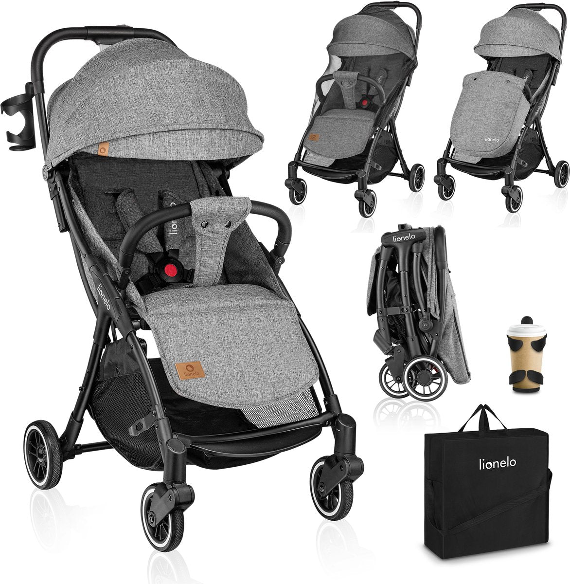 Lionelo julie one buggy - kinderwagen tot 22 kg - premium - automatisch opvouwbaar - rugleuning tot ligpositie - ventilatiepaneel - verlengde kap met venster - eco-leer details - inclusief voetenzak, bekerhouder, muskietennet, transporttas