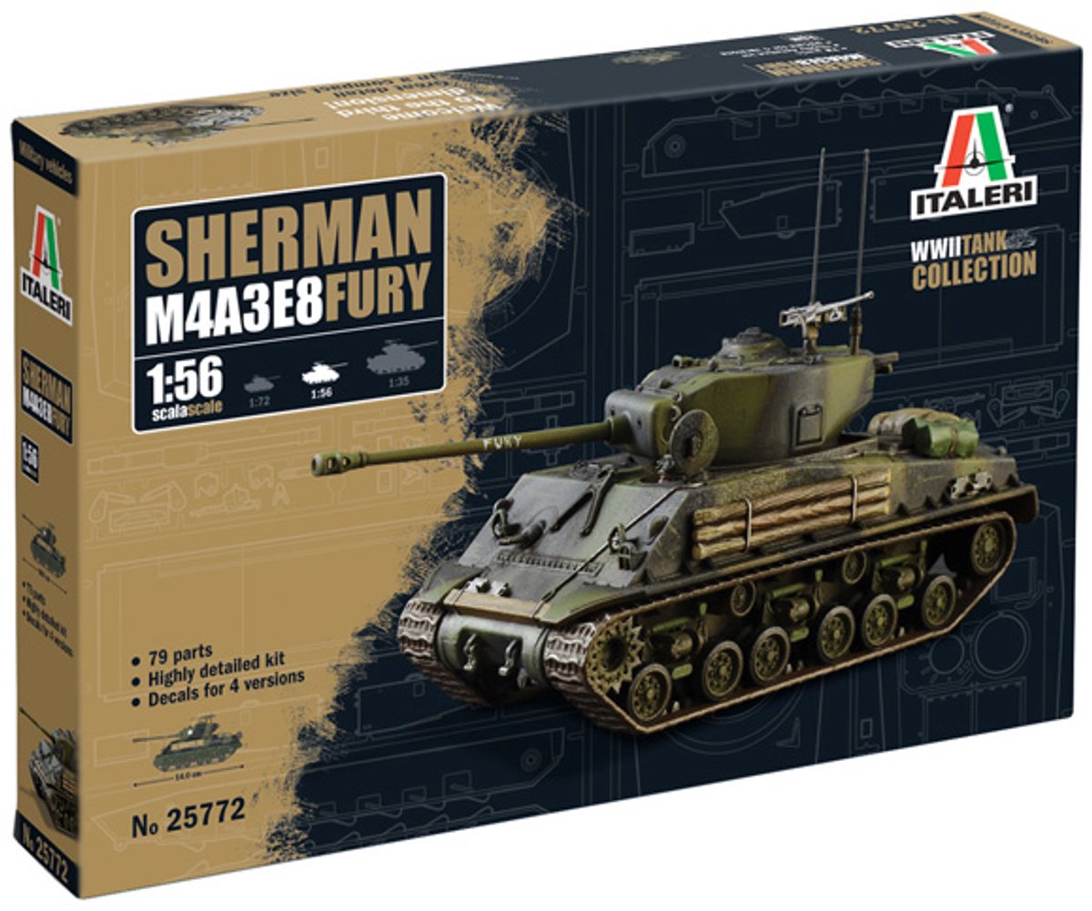 Italeri modelbouwpakket vliegtuigen - 25772 m4a3e8 sherman fury tank wwii plastic - 1:56 - modelbouw