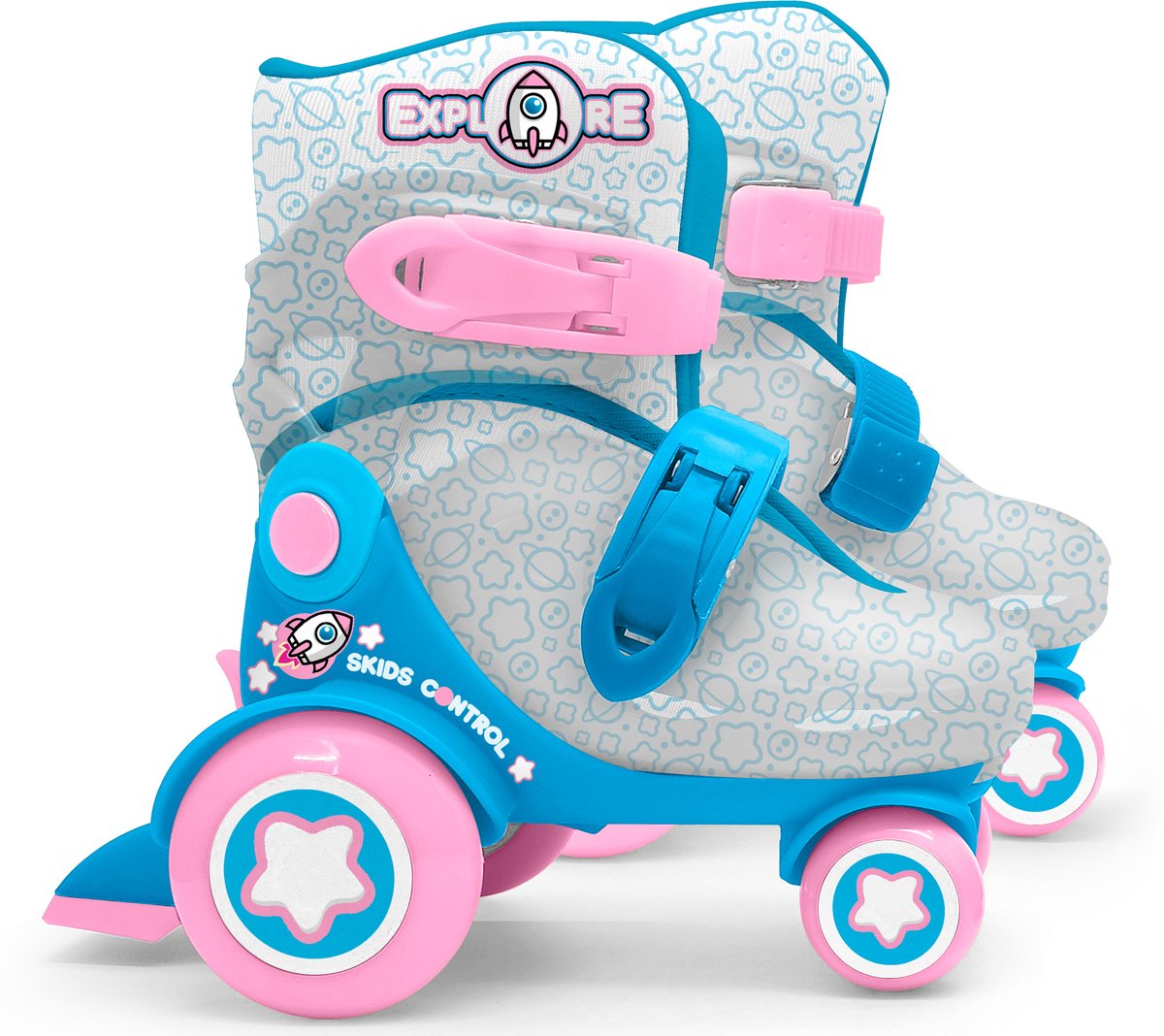 Stamp rolschaatsen “explore” voor meisjes, blauw roze met een doorzichtige schaal, maten 23–26