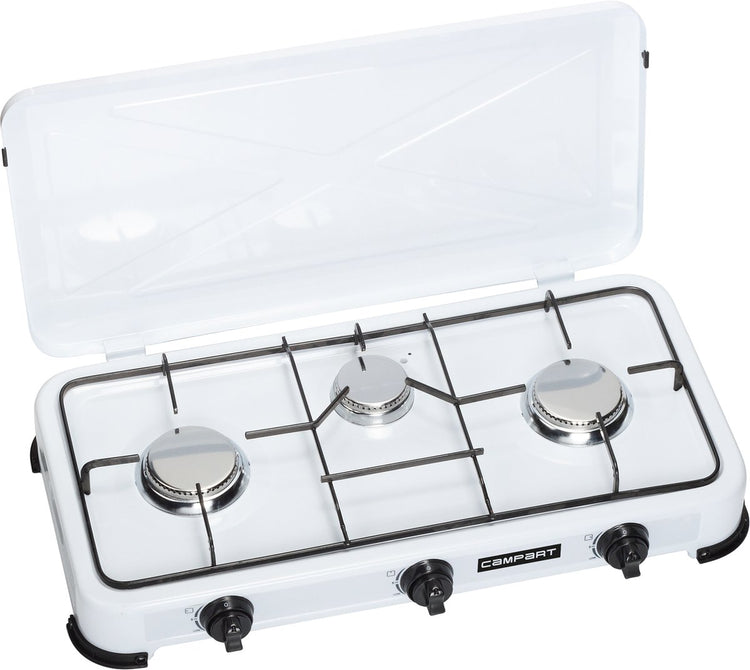 Campart camping kookstel ko-6383 - campingkooktoestellen 3 pitten – gas kooktoestel met rvs brander - wit