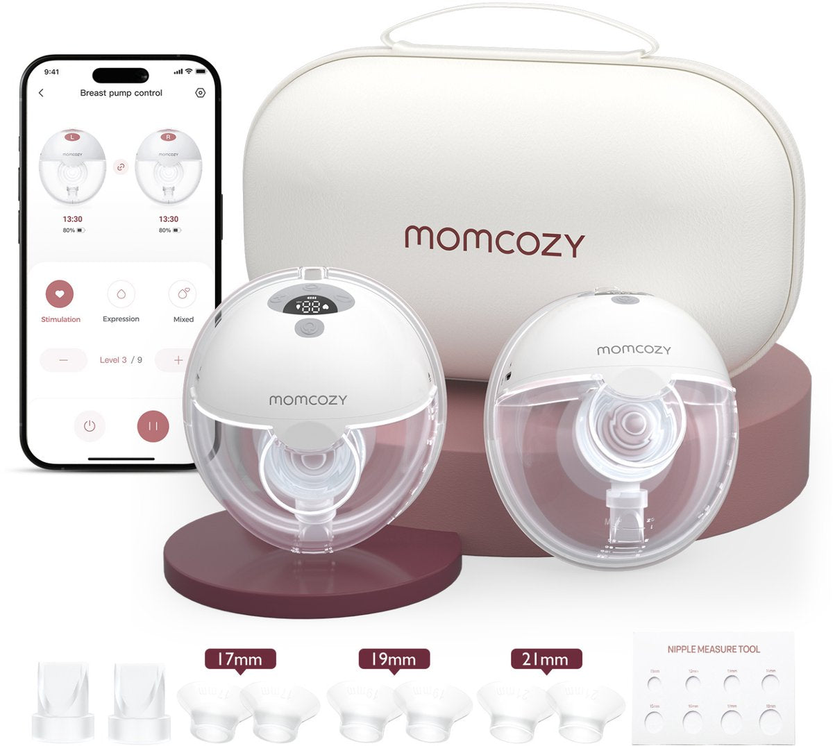 Momcozy m5 smart – handsfree borstkolf – 2 stuks – elektrisch – stil compact – met borstschild inserts - wit grijs