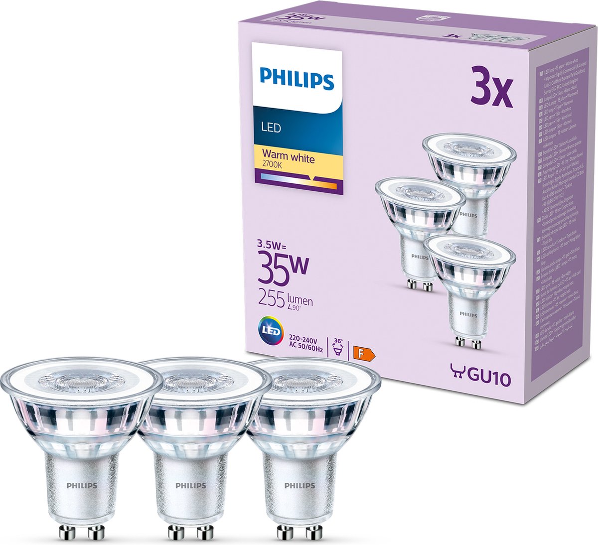 Philips led spot - 35 w - gu10 - warmwit licht - 3 stuks