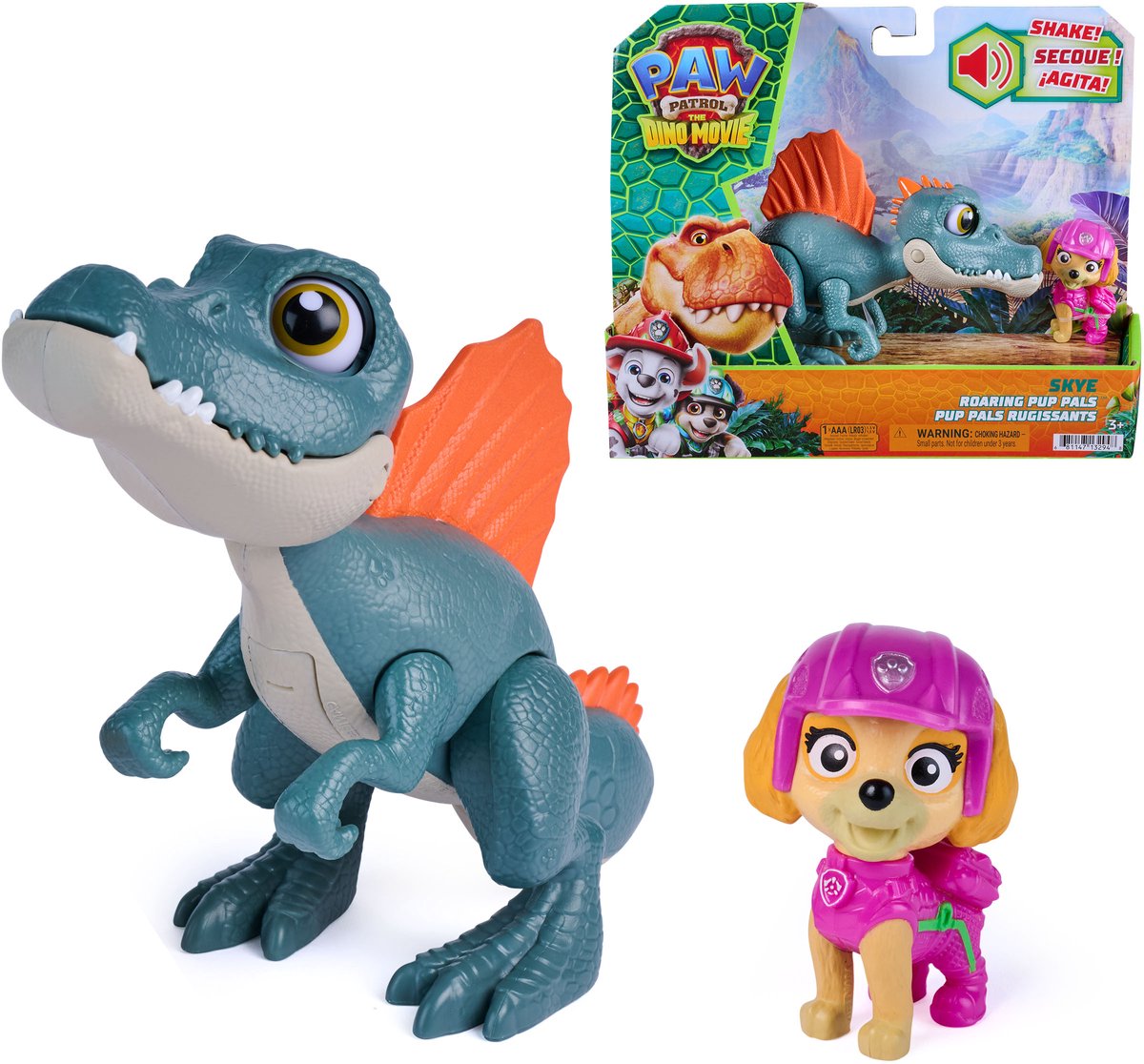 Paw patrol - de dino film - skye roaring pup pals, bevat beweegbare speelgoeddinosaurus spinosaurus van 12,7 cm met geactiveerde geluiden en skye-actiefiguur