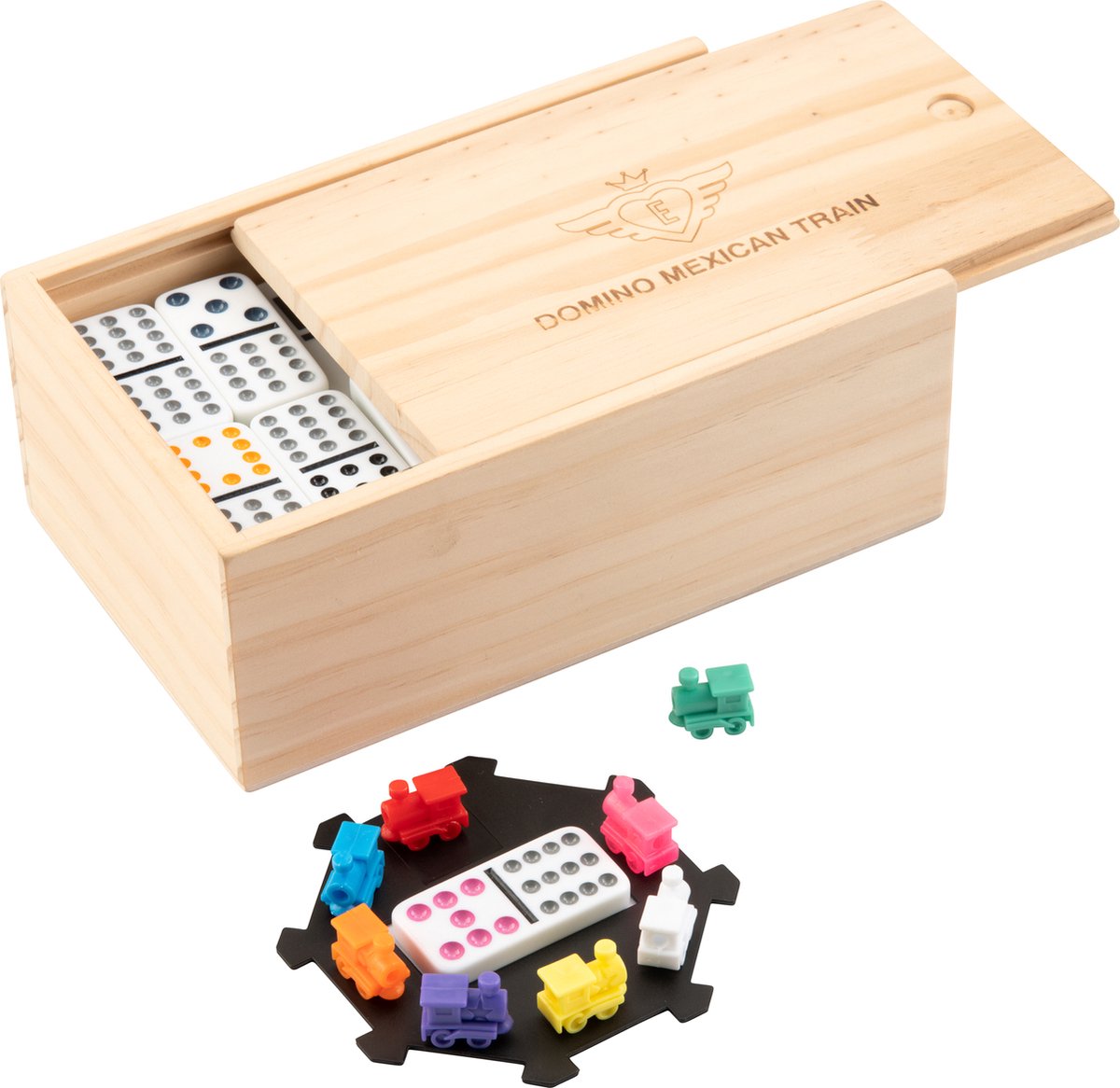 Engelhart domino dubbel 12 mexican train – 91 stenen met gekleurde ogen – houten kist met schuifdeksel – inclusief station treinen – strategisch familiespel –