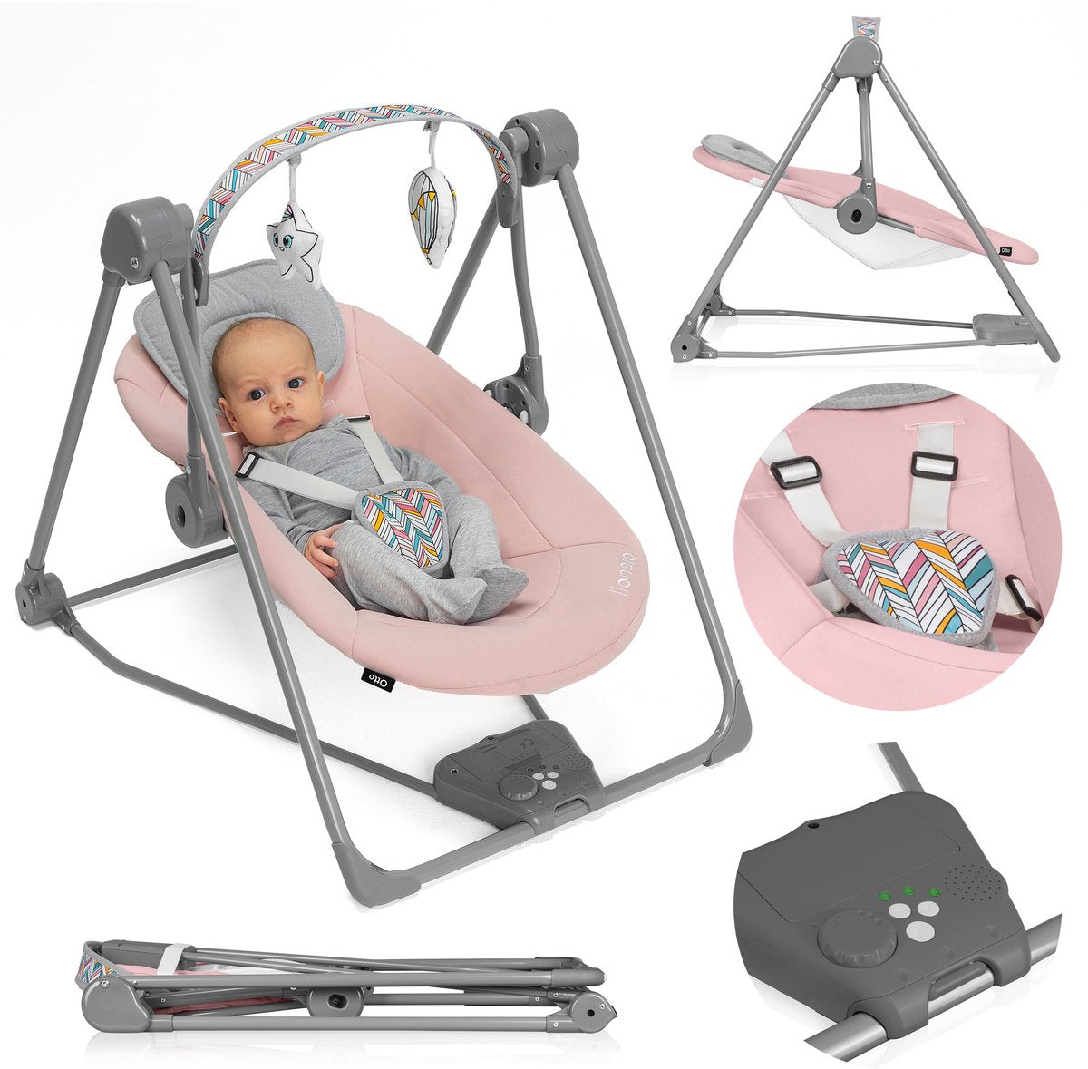 Lionelo otto wipstoel – tot 9 kg – 5 schommelsnelheden – timer – speelboog – geluiden – batterij netvoeding – inklapbaar – zachte bekleding – 5-puntsgordel – hoofdkussen – antislip – contrasterende details – intertek gecertificeerd