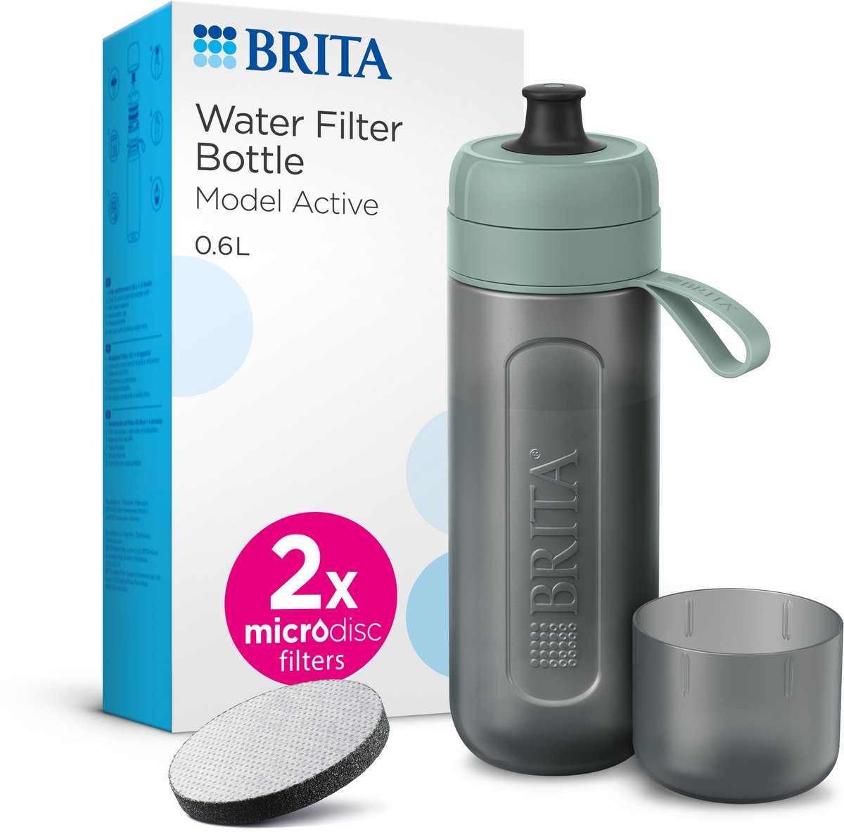 Brita - fill go - drinkfles active voor volwassenen - 0,6l - limoengroen - inclusief 1 microdisc filterpatroon - ideaal voor drinkflessen