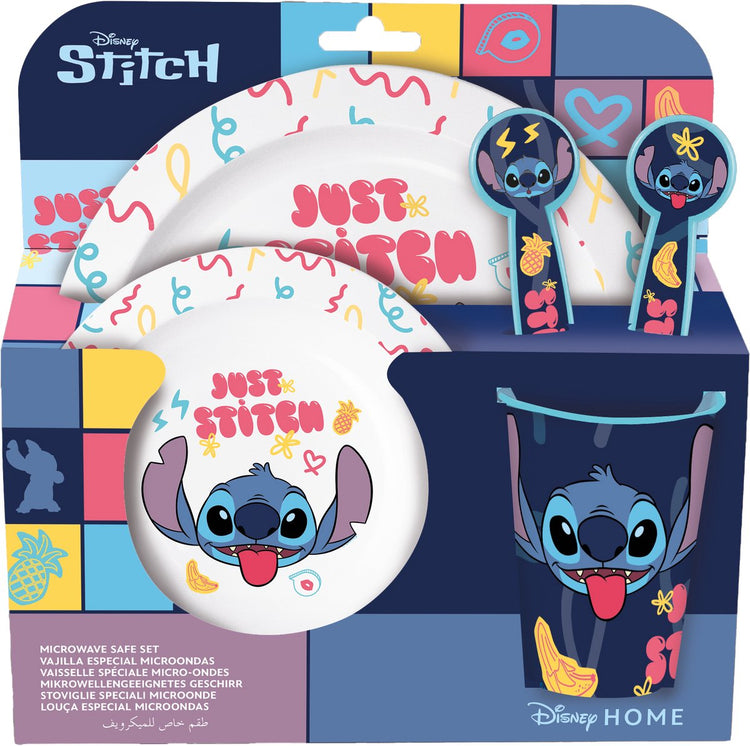 Stor disney's stitch kinderservies - 5-delig - herbruikbaar - inclusief bord, kom, bestek en beker - vaatwasser- en microgolfbestendig bpa-vrij - wit blauw
