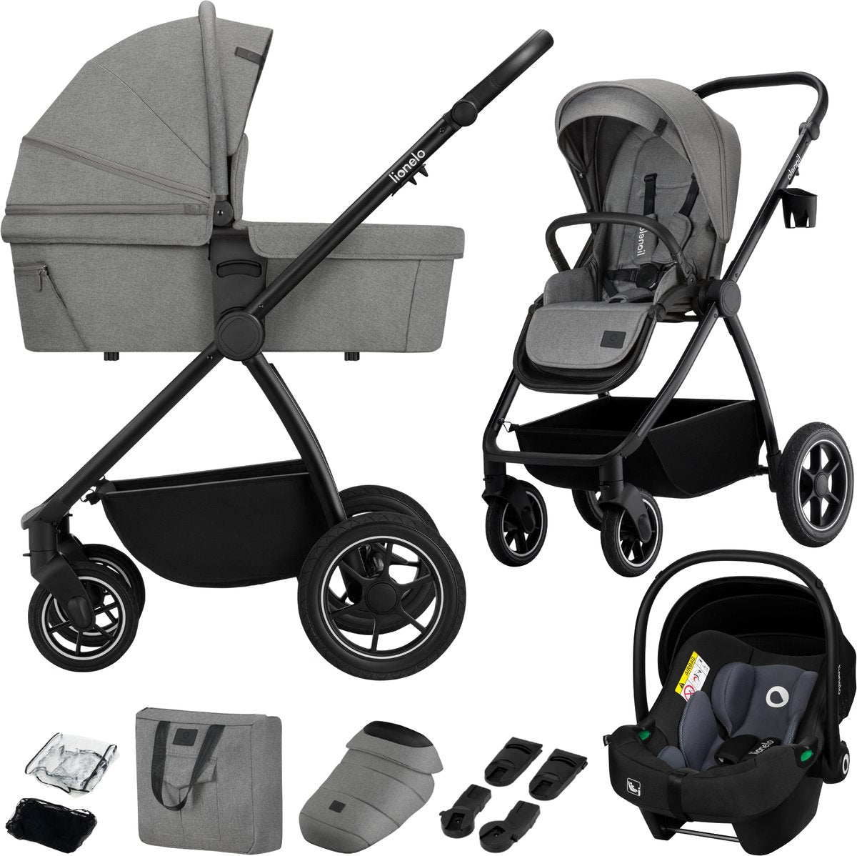 Lionelo meril 3in1 kinderwagen - buggy – xl reiswieg, wandelwagen adac-gecertificeerd autostoeltje – all-terrain wielen – compleet accessoireset – upf50+