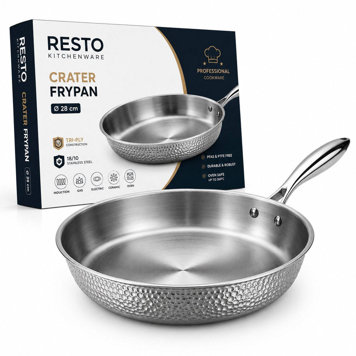 Resto crater koekenpan 28 cm – tri-ply rvs koekpan – inductie geschikt – professionele frypan – pfluon anti-aanbaklaag – ovenbestendig