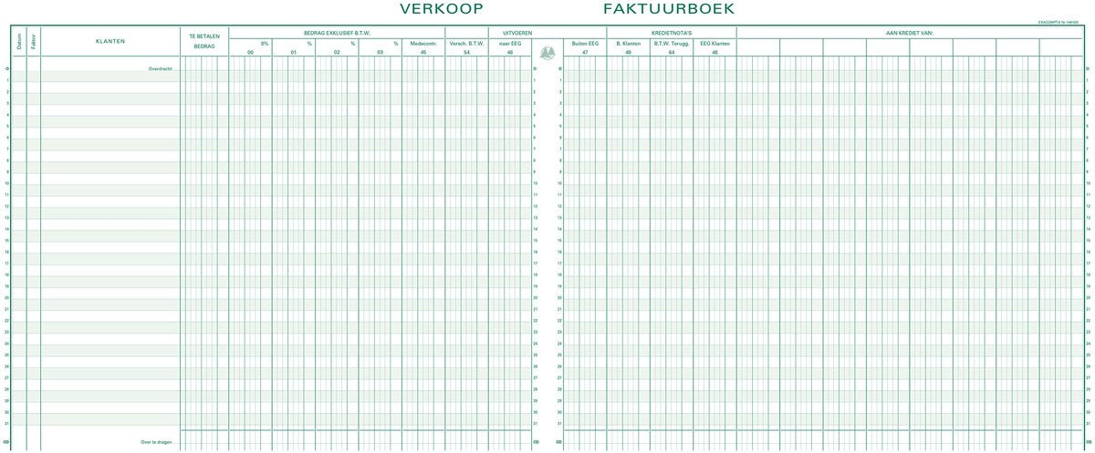 Exacompta boekhoudingsregister btw verkoop -31 lijnen - genummerd - met identificatieblad - nederlandstalig - ingebonden - 80 blad - - 14610x
