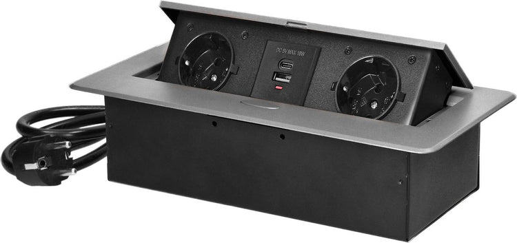 Orno pop up stekkerdoos met 2 stopcontacten en usb-a c - inbouw verdeelstekker met rvs afwerking - stekkerblok met 1.5 meter kabel - verdeeldoos voor max. 3680 watt - zilver