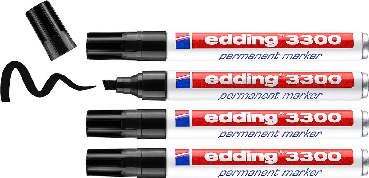 Edding 3300 permanent marker - zwart - 4 stiften - beitel punt 1-5 mm - water en wrijfvast -voor karton, kunststof, hout, metaal, etc. - alcohol markers voor volwassenen