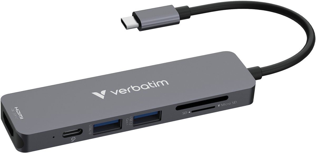 Verbatim usb-c essentiële multipoort hub 6 poorten: hdmi, usb-c pd, usb-a 3.2 gen 1, usb-a, sd microsd