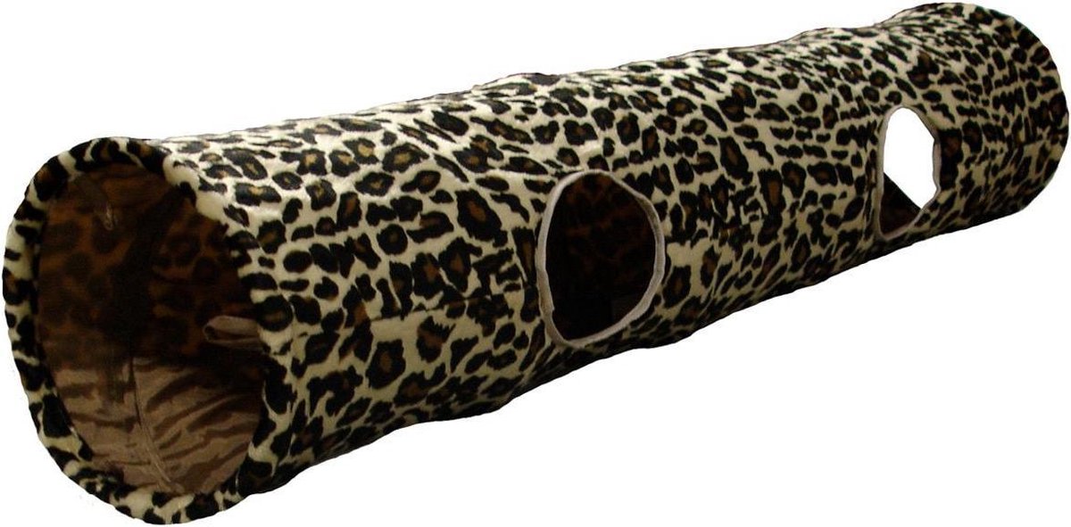 Flamingo kattentunnel – leopard katten tunnel met bal – 130x25cm – opvouwbaar met 4 ingangen en knispergeluid