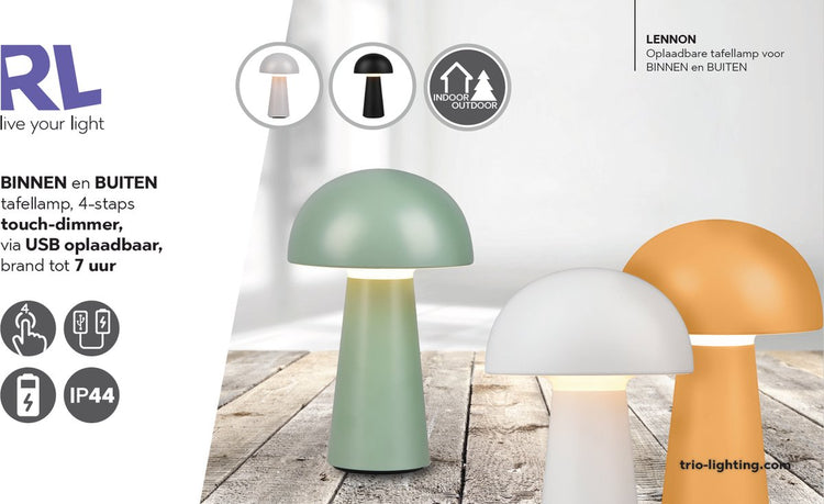 Rl live your light reality lennon - tafellamp - olijf groen - incl. 1x smd 2w - oplaadbare - buitenlamp - dimbaar - buitenverlichting - ip44