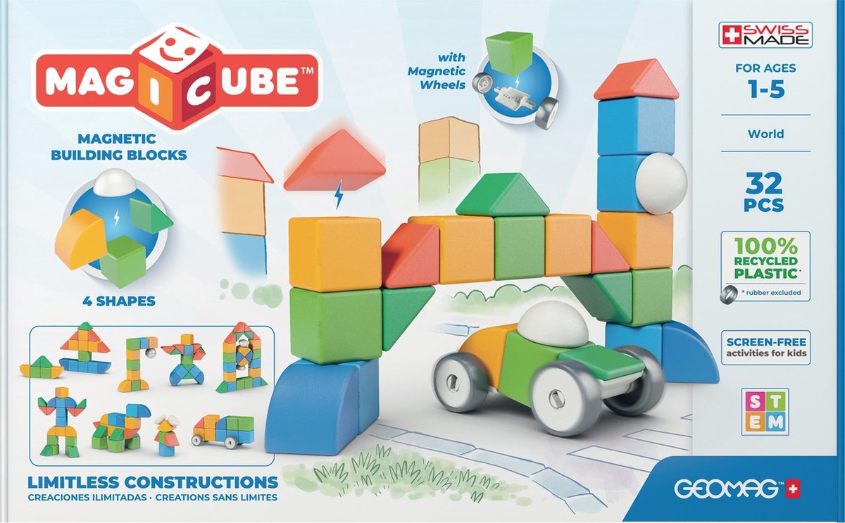 Geomag magicube 4 vormen blokken wereld recycled - magnetische bouwblokken - 32-delig - vanaf 3 jaar