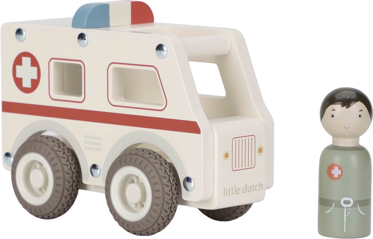Little dutch houten ambulance speelgoedauto met houten figuur.