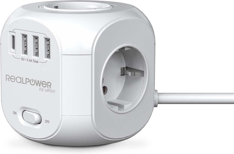 Realpower powerbox4 31 - 4-poorts stekkerdoos kubus - 3 x usb, 1 x usb-c - 1,8 meter kabel - wit