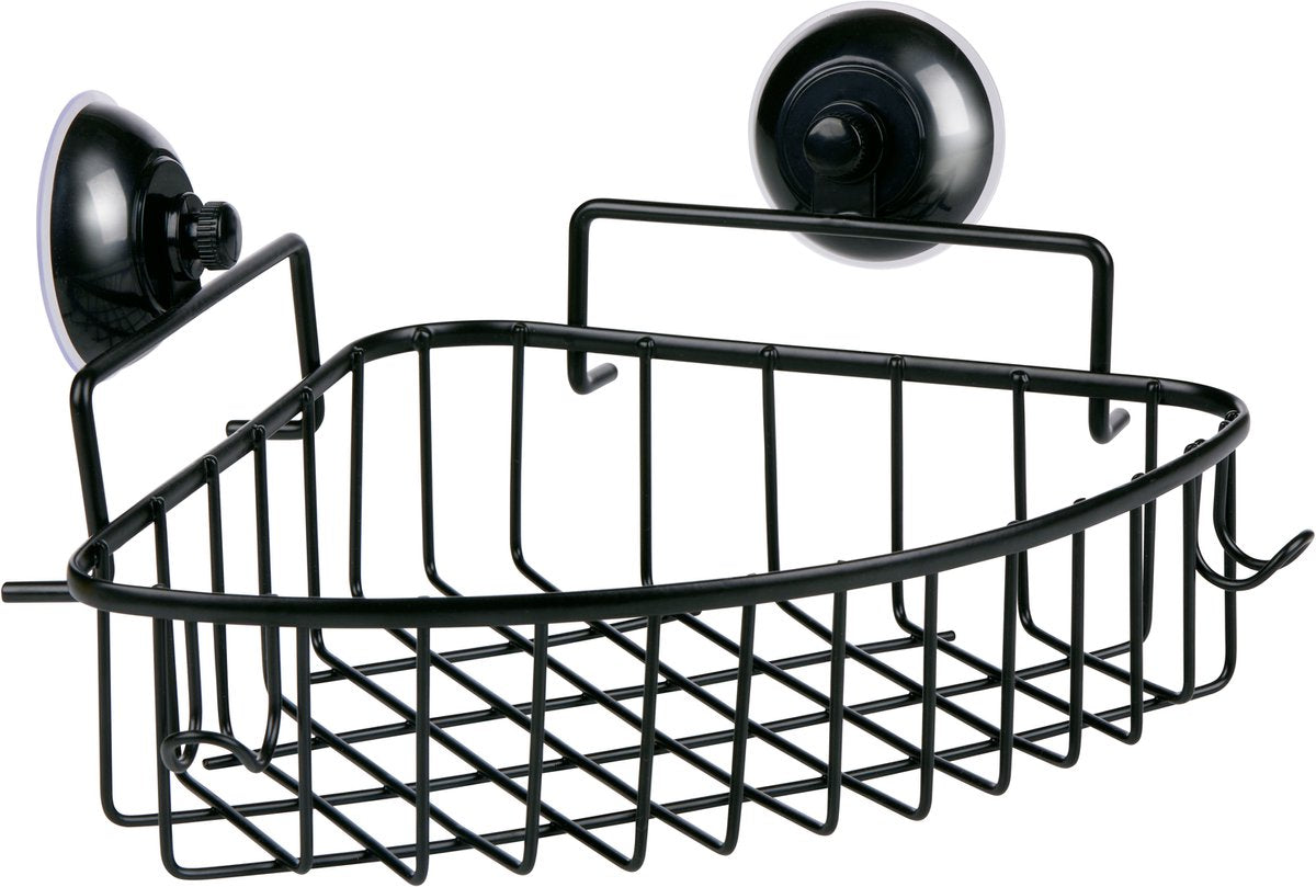 Bath shower - badkamer hoekrek met zuignappen – zwart – zonder boren – metalen wandrek