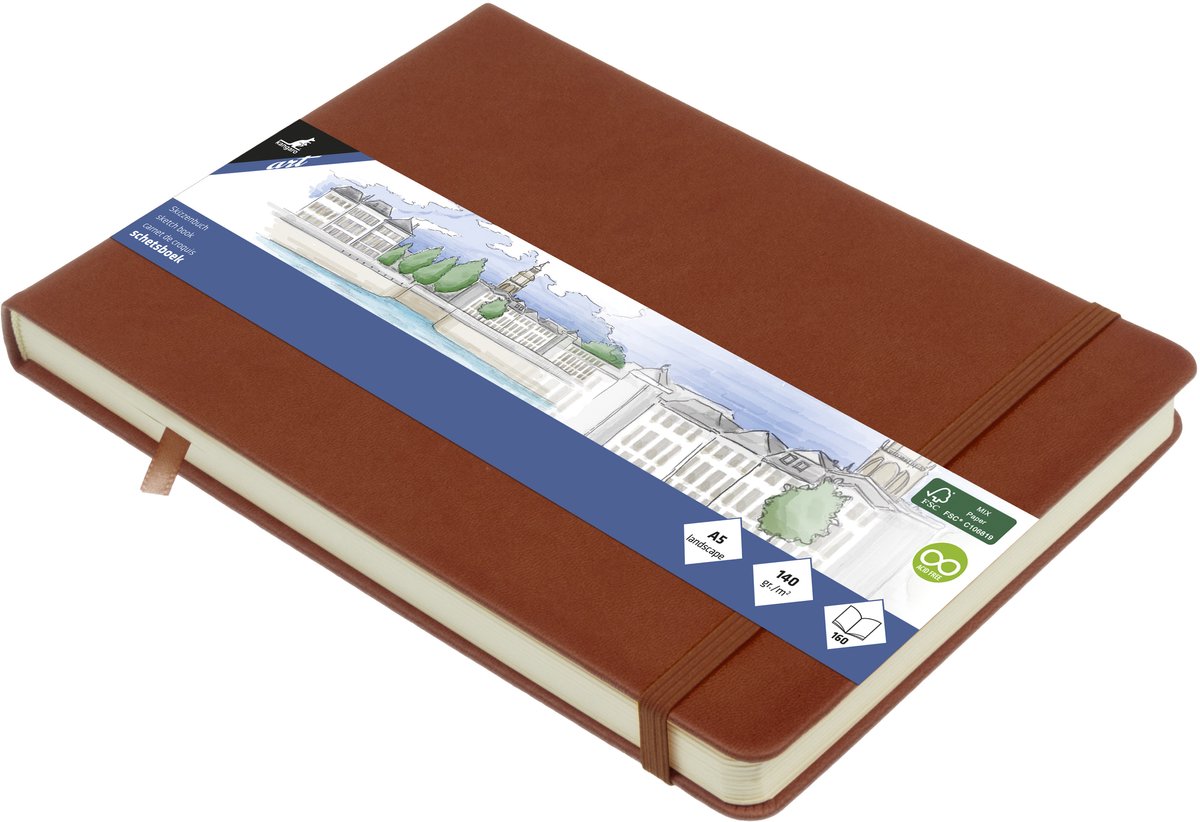 Kangaro schetsboek a5 landscape - cognac - hardcover kaft - met elastiek en lint