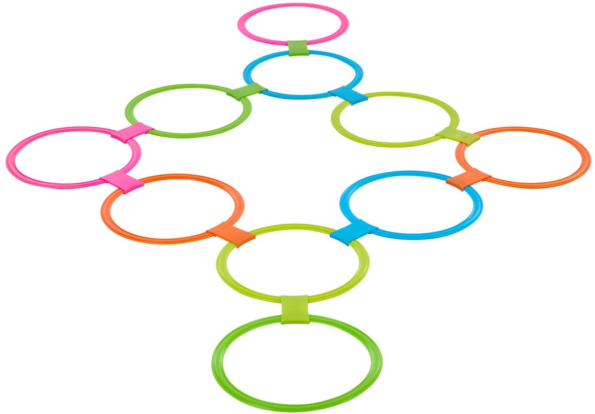 Eddy toys hinkelspel ringen set 20 delig - ø27,5 cm - hopscotch ring set met 10 ringen en 10 koppelstukken - kinder hinkelspel voor buiten - kunststof hinkelringen - diverse kleuren