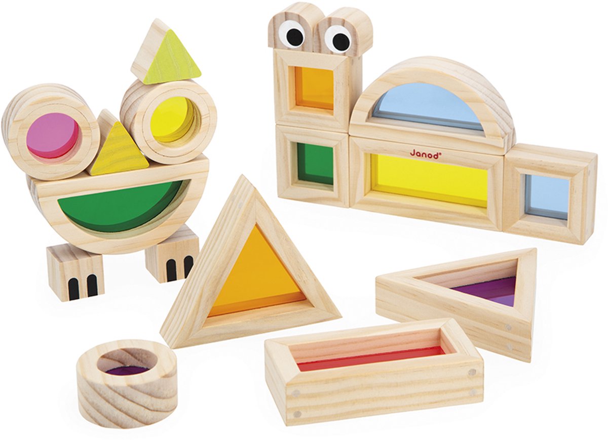 Janod - sensorisch - doorschijnende blokkenset - 12 geometrisch transparante blokken