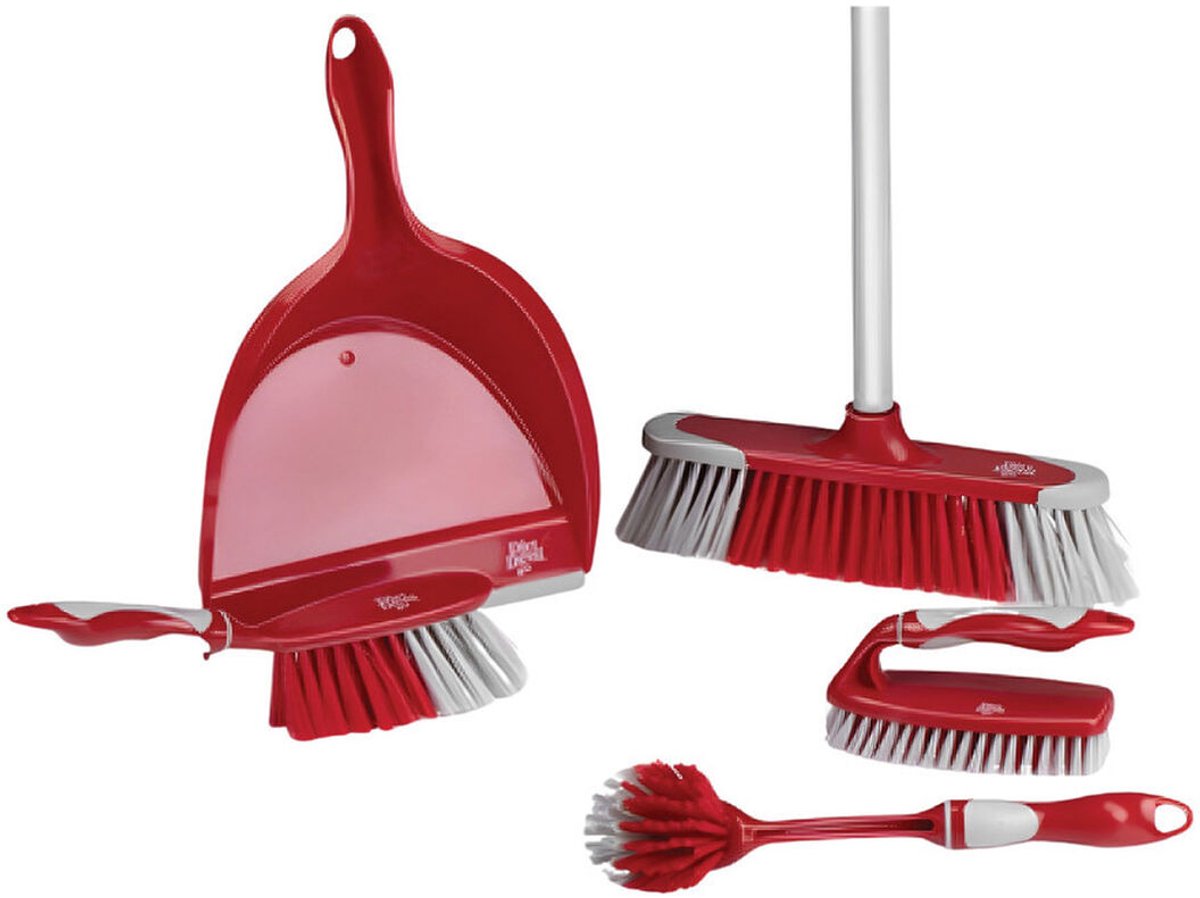 Dirt devil schoonmaakset 6 stuks - afwasborstel handschrobber zachte bezem met steel stoffer en blik - rood grijs