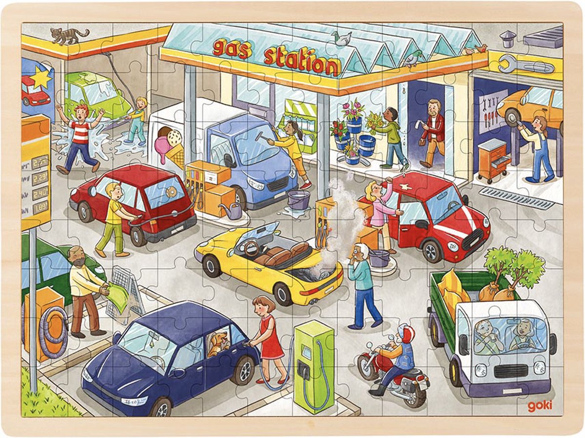 Goki puzzel: tankstation 40x30x0,8cm, 96-delig, hout, 3+