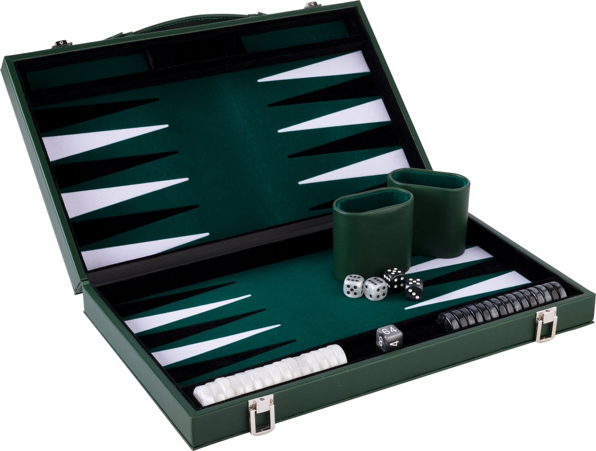 Longfield backgammon 18 inch - groen, zwart wit ingelegd bord - luxe groene koffer met handvat - engelhart