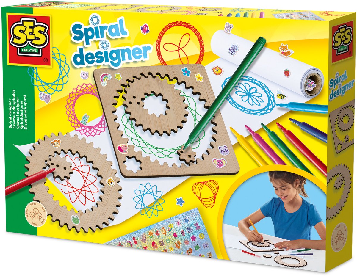 Ses creative houten spiraalontwerper - creatieve tekenset voor kinderen vanaf 5 jaar - maak meer dan 40 unieke spiralen met houten wielen - perfect voor jonge kunstenaars