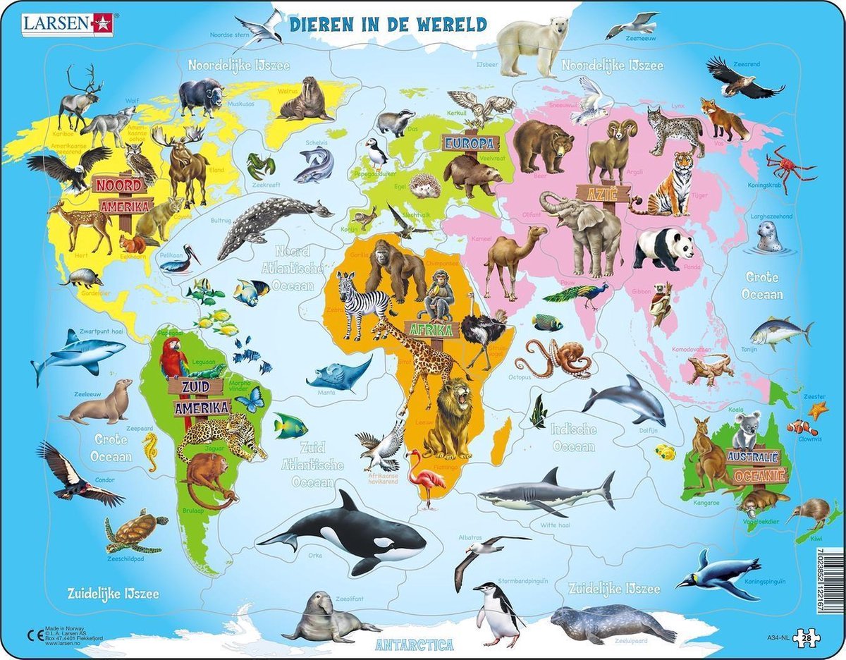 Larsen dieren in de wereld – puzzel – kaarten geografie – wereld met dieren – educatieve legpuzzel voor kinderen – 28 stukjes – gemaakt in noorwegen – extra dikke 2,5 mm stukjes – tray met vaste rand
