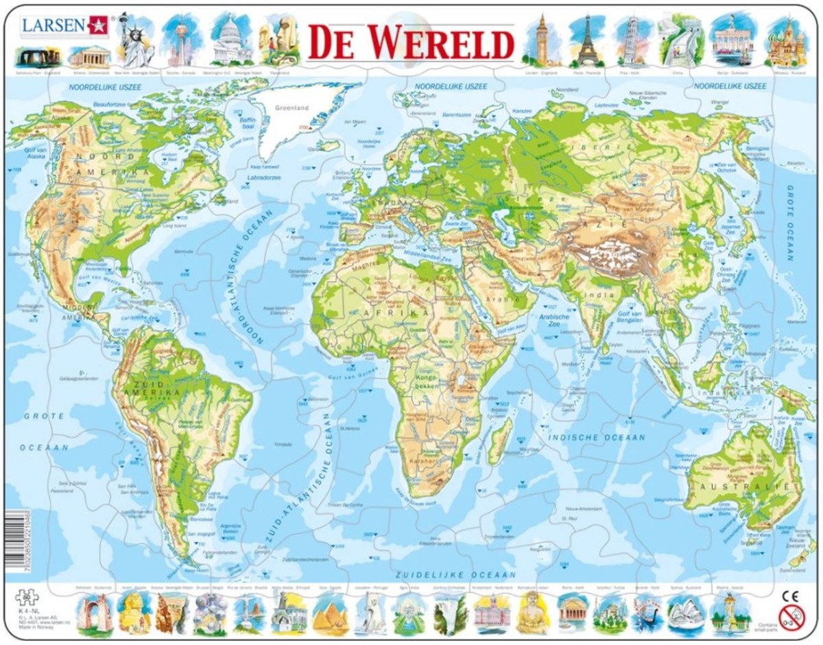 Larsen wereld geografisch – puzzel – kaarten geografie – wereldkaart – educatieve legpuzzel voor kinderen – 80 stukjes – gemaakt in noorwegen – extra dikke 2,5 mm stukjes – tray met vaste rand
