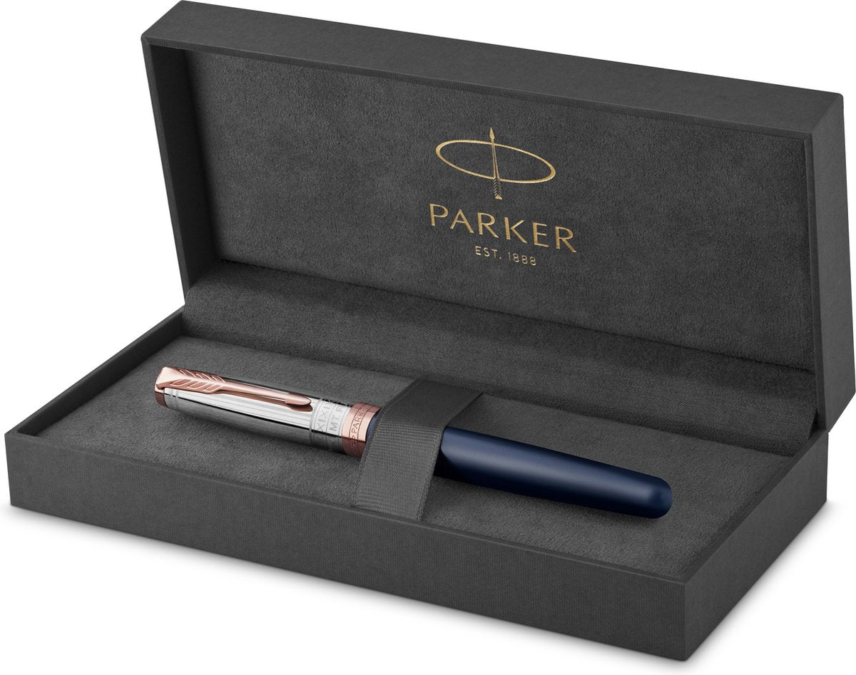 Parker sonnet rollerbalpen | intrepid journeys collection, mt. fuji edition | blauwe lak en massief zilver met rosé gouden details | fijne penpunt met zwarte inkt | geschenkverpakking