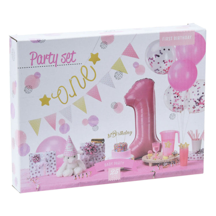 Set feestversiering 1e verjaardag - roze meisje, 9dlg.