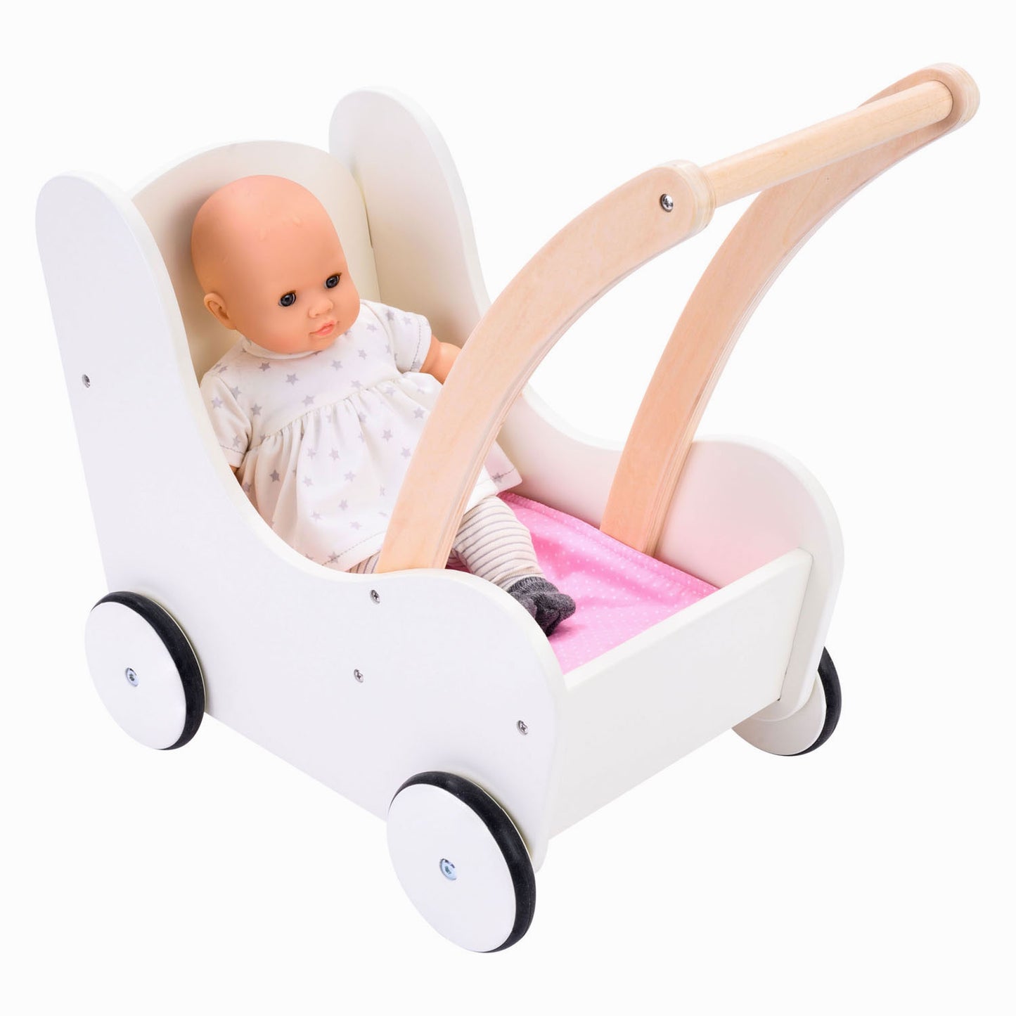 Engelhart poppen loopwagen roze wit – houten poppenwagen met matrasje, dekentje, kussentje opbergtas – geschikt voor alle poppen –
