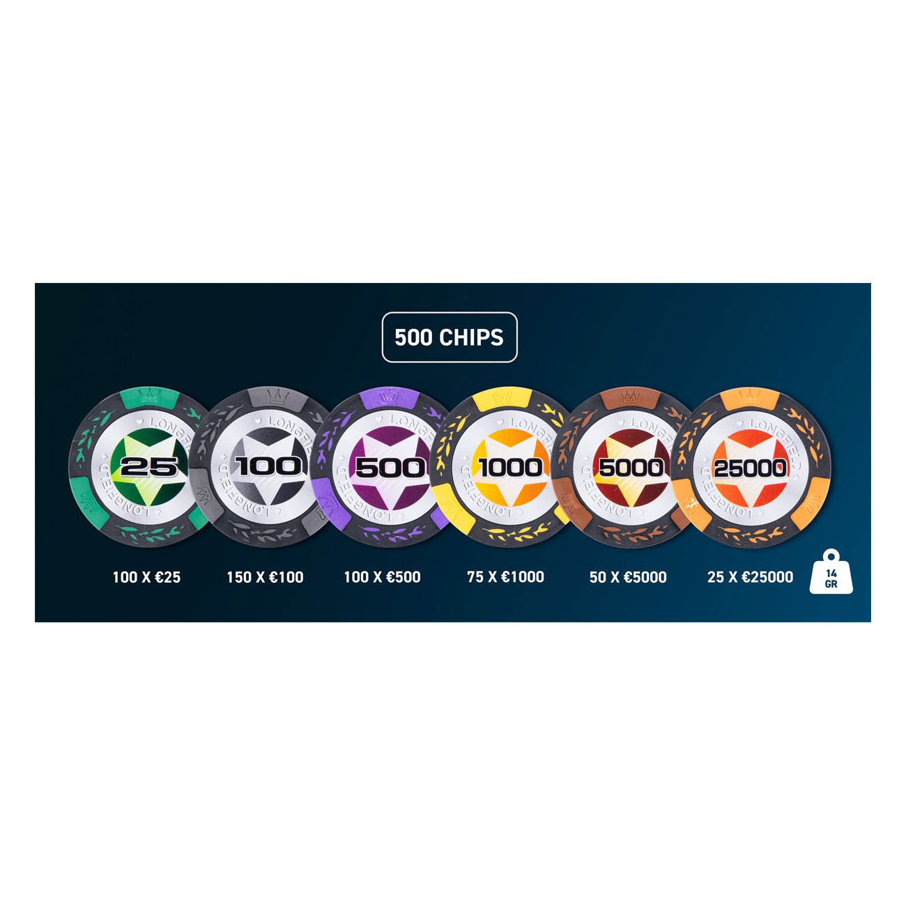 Longfield pokerset in zilveren koffer - high stake 500 chips 14gr.