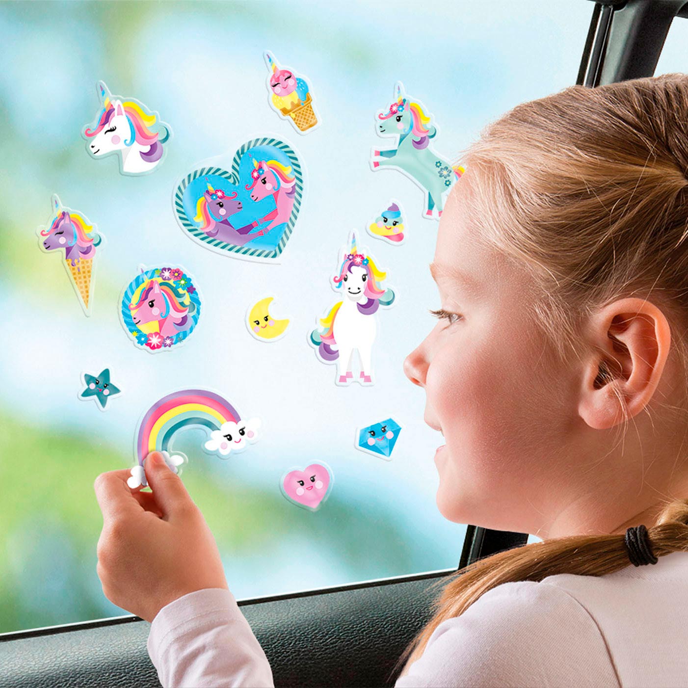 Totum unicorn raamstickers verplaatsbare stickers eenhoorn | 45 stuks niet permanent voor thuis en op reis | speelgoed junior vanaf 3 jaar