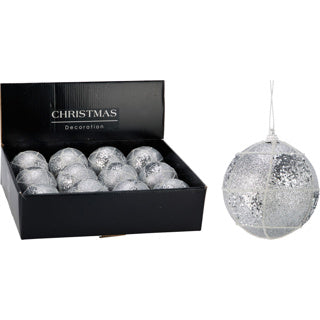 Kerstbal 80mm glitter zilver | 12 stuks