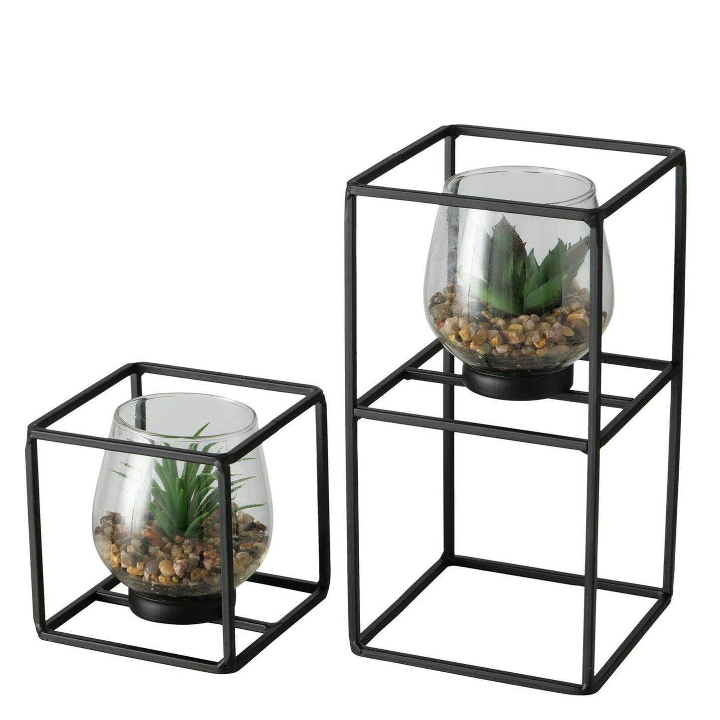 Boltze home kunstplant in glazen pot en zwarte metalen standaard sabia 2-delige set 11x11 13x24cm