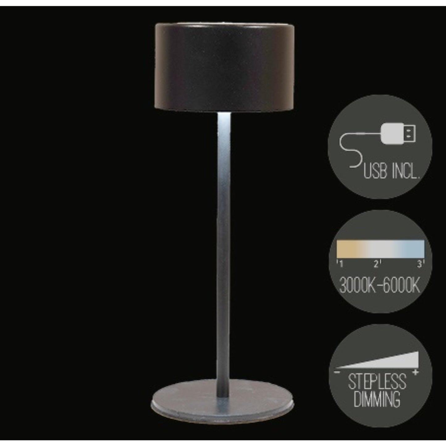 Anna's collection oplaadbare tafellamp cylinder warm wit dimbaar inclusief usb kabel 8x22cm zwart