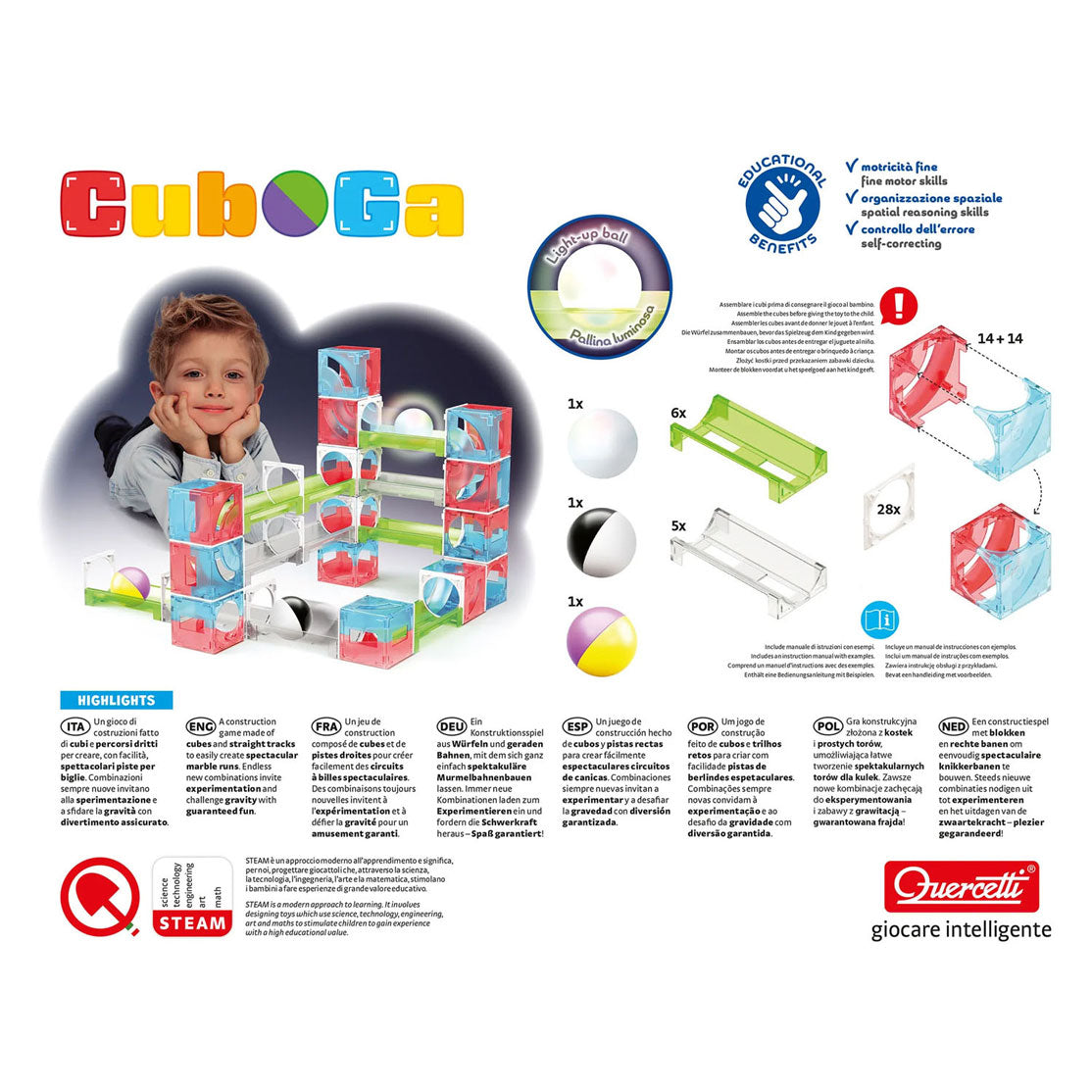 Quercetti knikkerbaan cuboga - 70-delig bouwspeelgoed voor kinderen.